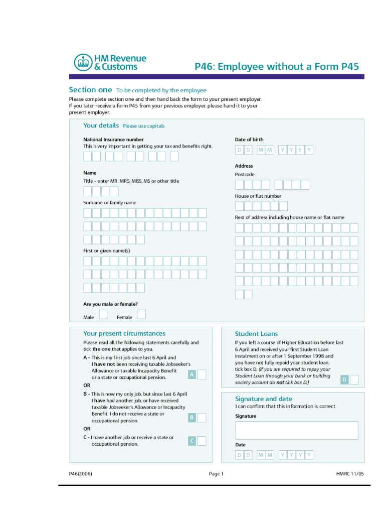 2005 Form UK HMRC P46 Fill Online Printable Fillable Blank PdfFiller