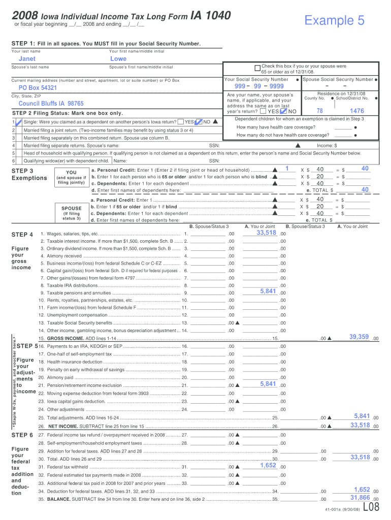 2008 Iowa Individual Income Tax Long Form IA 1040 State Of Iowa 