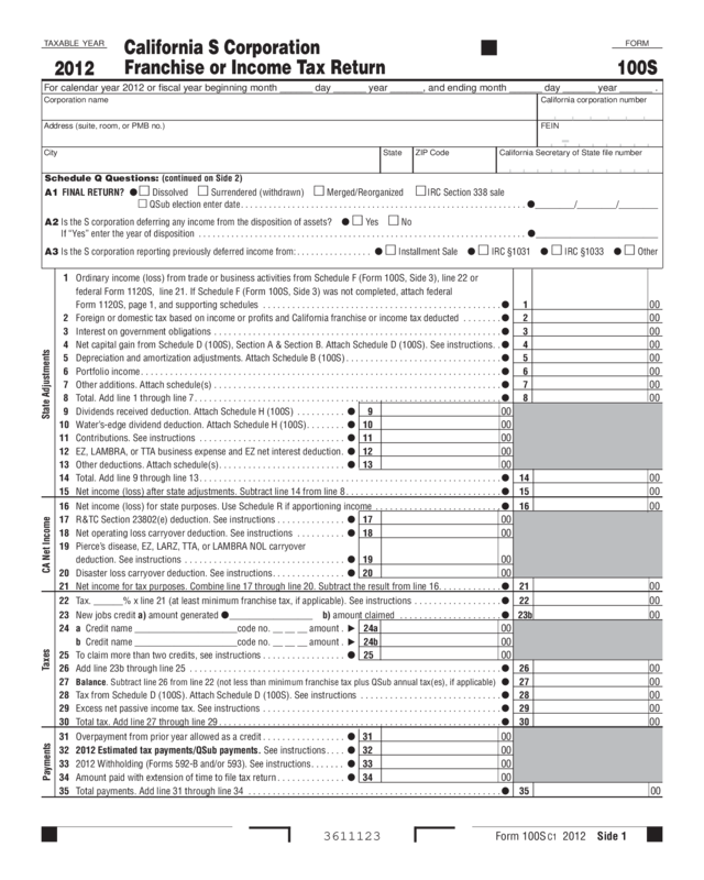 2012 Form 100S Franchise Tax Board Edit Fill Sign Online Handypdf