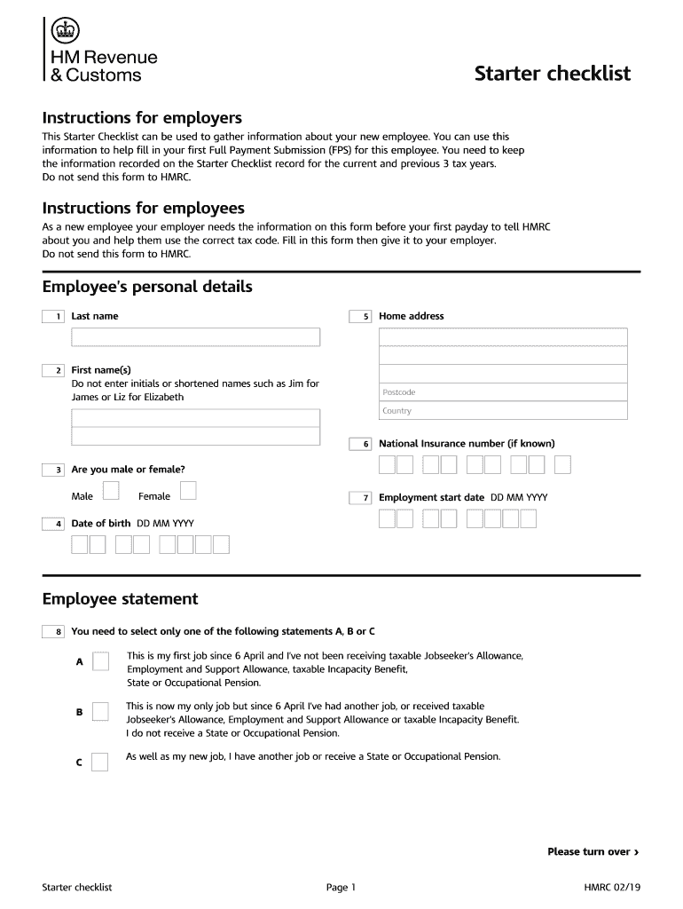 2019 Form UK HMRC Starter Checklist Fill Online Printable Fillable