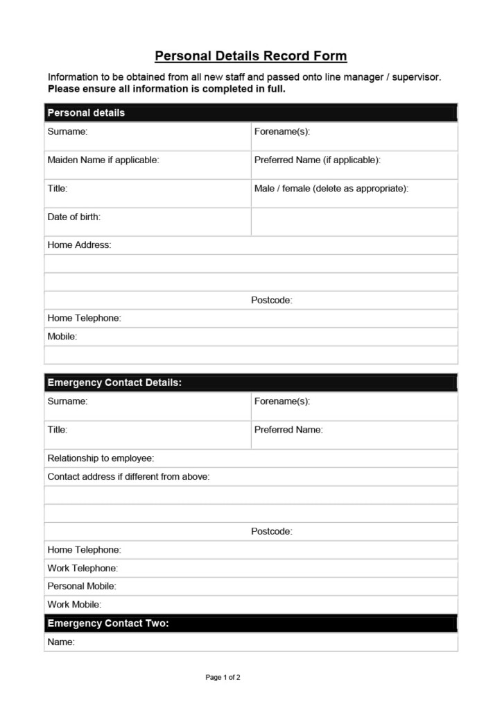 47 Printable Employee Information Forms Personnel Information Sheets 0843