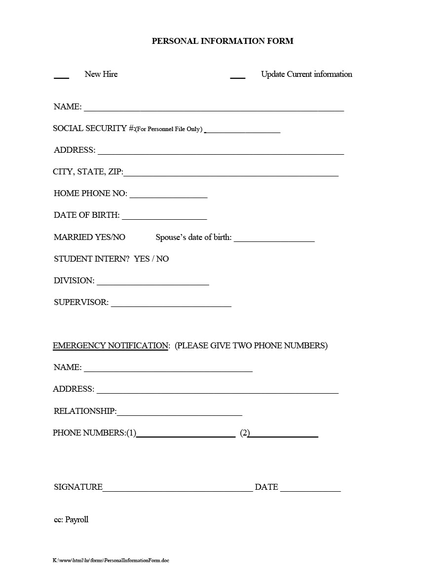 47 Printable Employee Information Forms Personnel Information Sheets