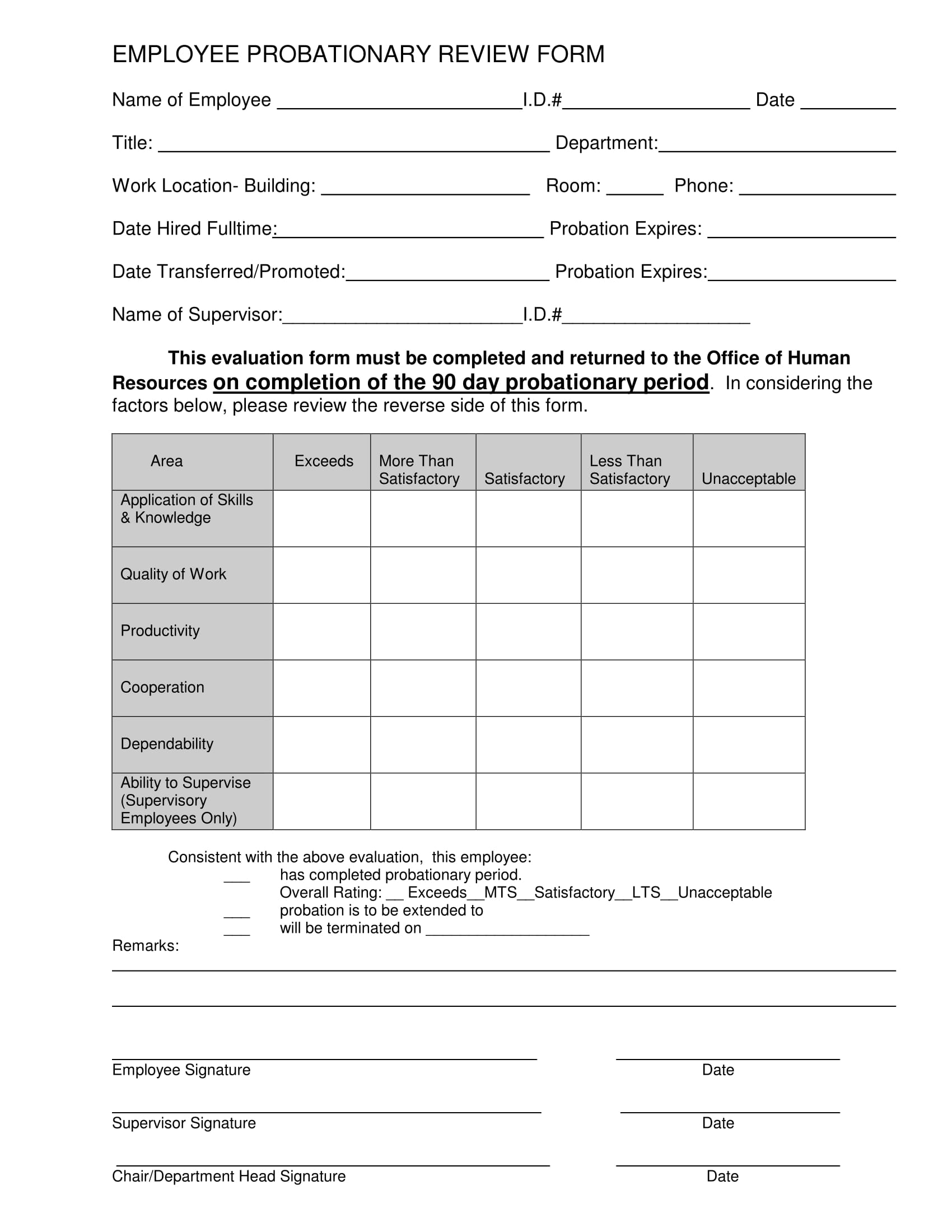 90 Day Probationary Period Review Form