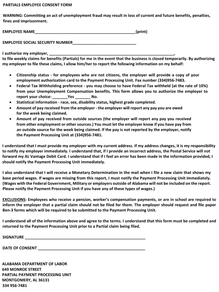 Alabama Partials Employee Consent Form Download Printable PDF 