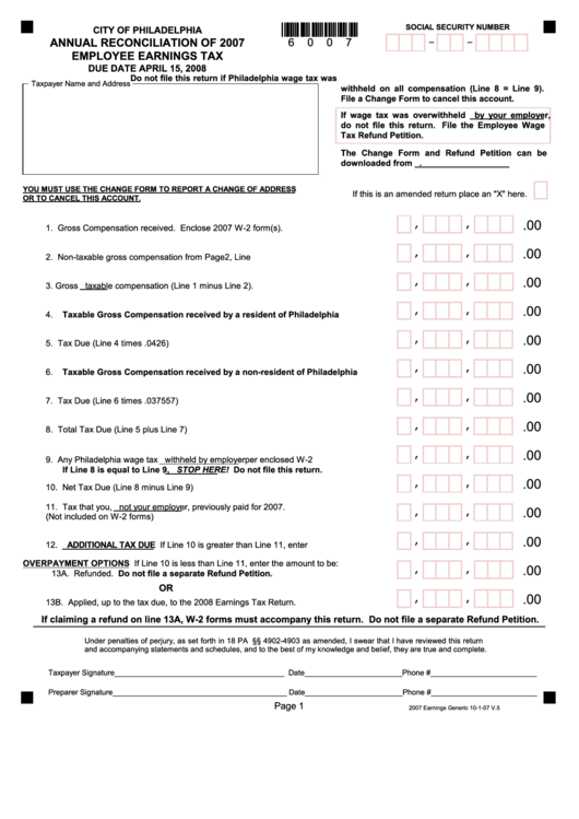 Annual Reconciliation Of 2007 Employee Earnings Tax Form City Of