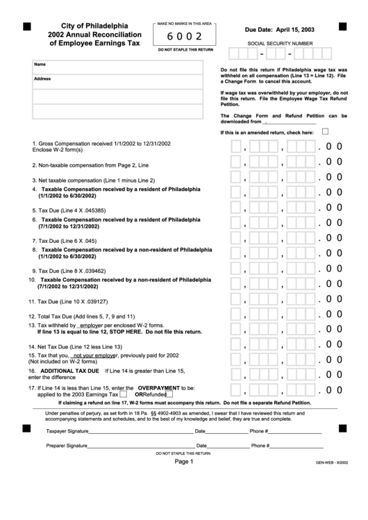 Annual Reconciliation Of Employee Earnings Tax City Of Philadelphia 