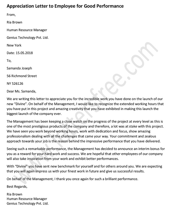 Appreciation Letter For Good Performance For Employee Job Well Done 