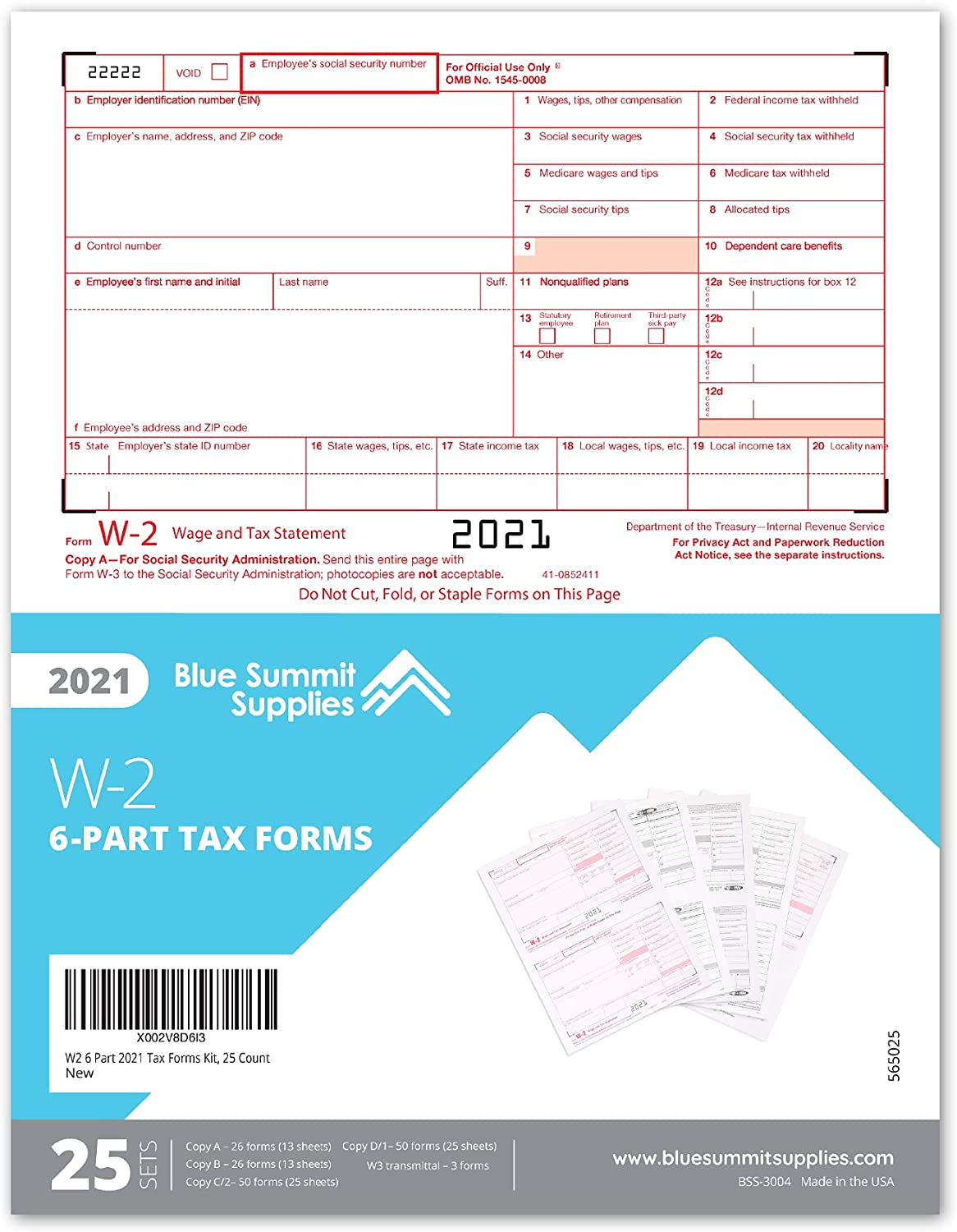 Buy 2021 W2 6 Part Tax Forms Kit 25 Employee Kit Of Laser Tax Forms 