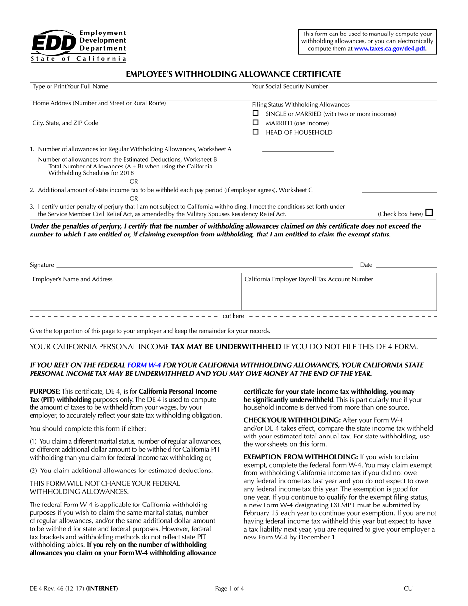 Ca De 4 Printable Form California Employee s Withholding Allowance