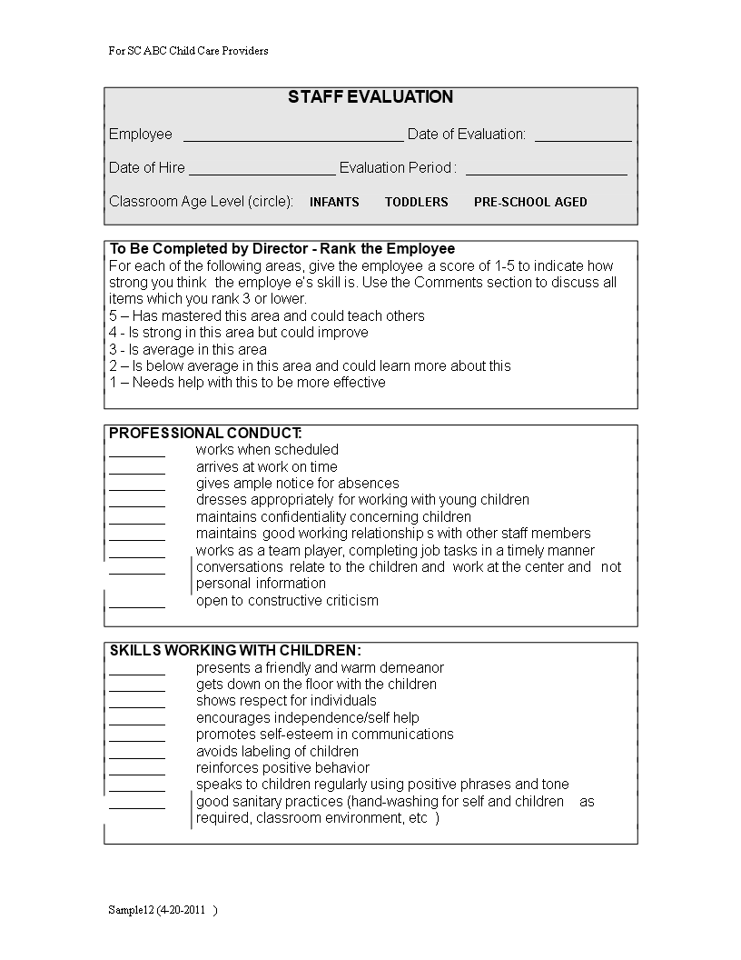 Child Care Employee Evaluation Form Templates At Allbusinesstemplates