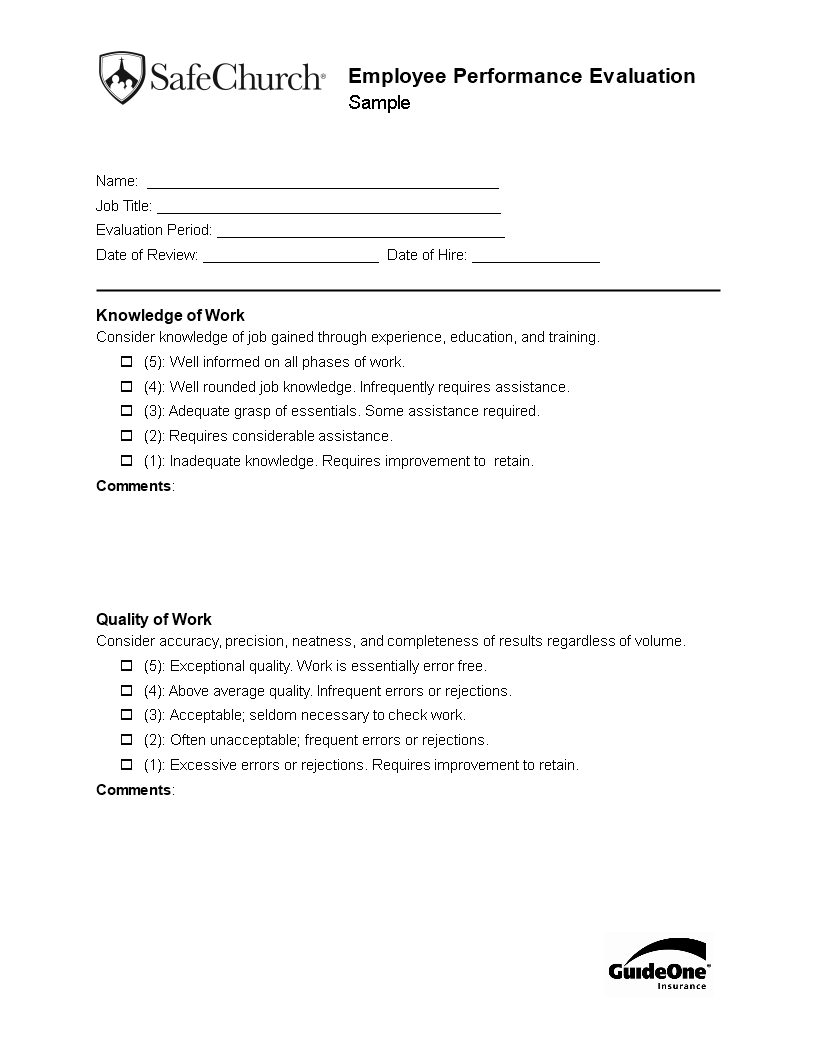 Church Employee Performance Evaluation Form Templates At