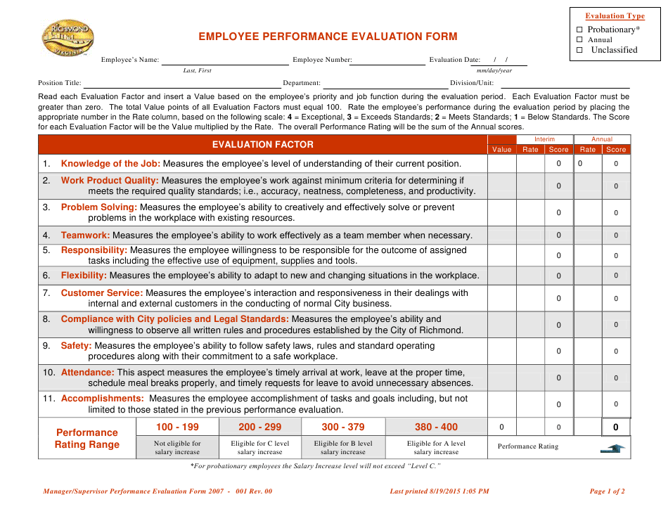 City Of Richmond Virginia Performance Evaluation Form Download