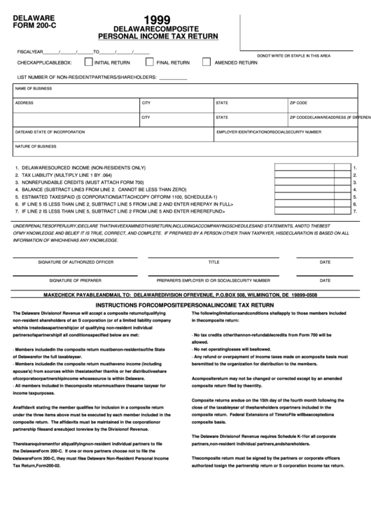 Delaware Form 200 C Delaware Composite Personal Income Tax Return 