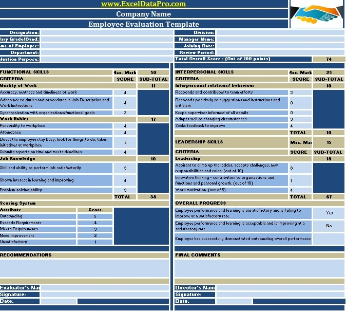 Download Employee Performance Evaluation Excel Template ExcelDataPro