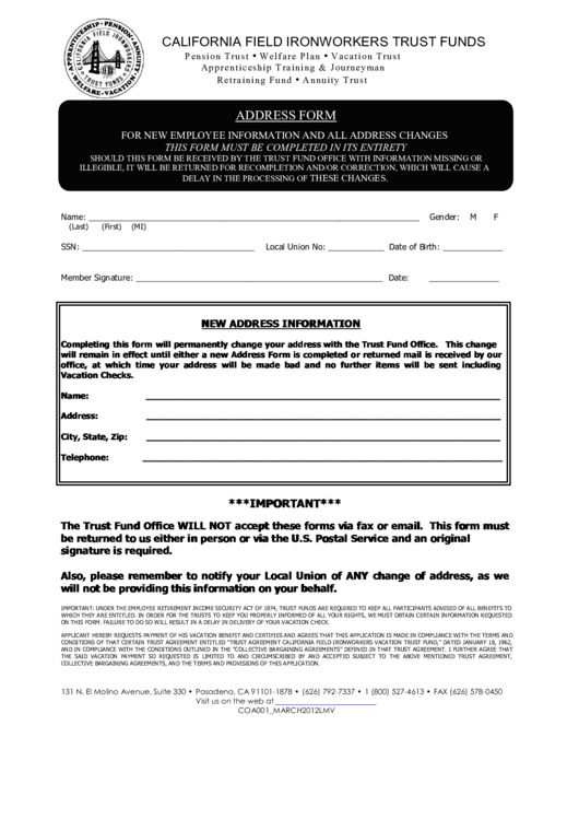 Employee Address Change Form California Field Ironworkers Trust Funds 