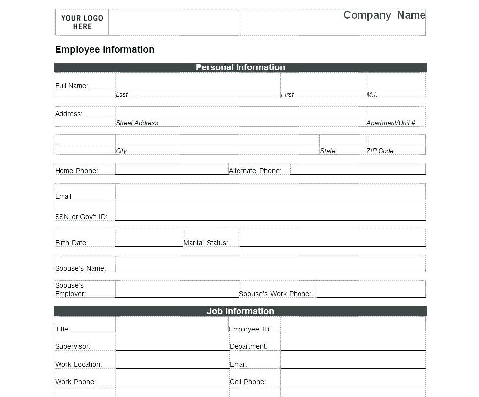 Employee Data Form Template Personal New Contact Card Template 