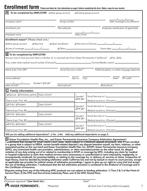 Employee Enrollment Form Kaiser Permanente Group Health 