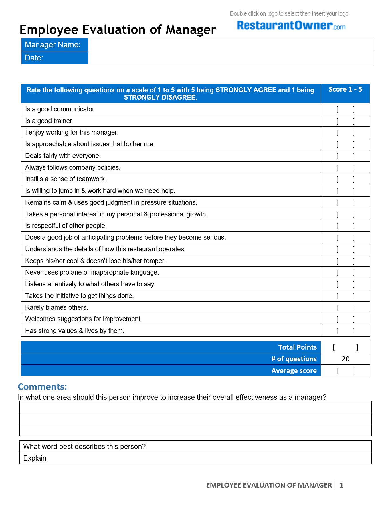 Employee Evaluation Of Manager Restaurant Business Plans Systems