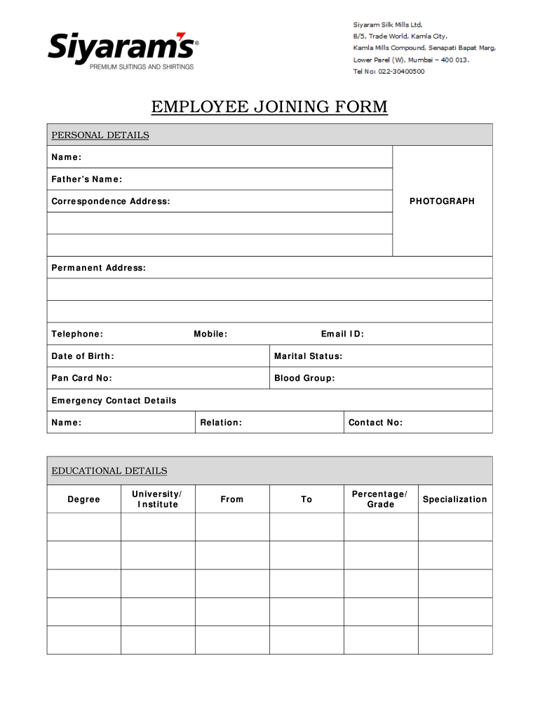 Employee Joining Form In Excel Format Fill Online Printable