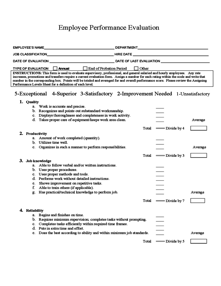 Employee Performance Evaluation Form Sample Free Download