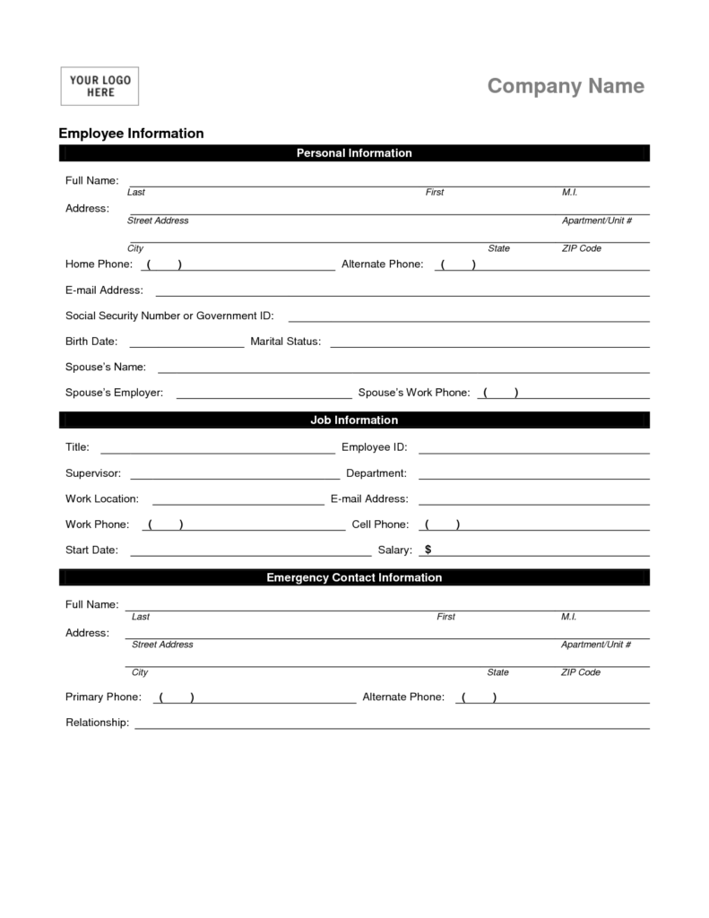 Employee Personal Information Form Template Employment Form Job 