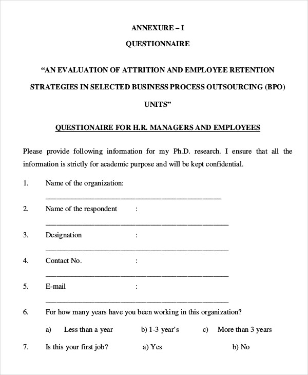 Employee Questionnaire 6 Examples Format Pdf Examples