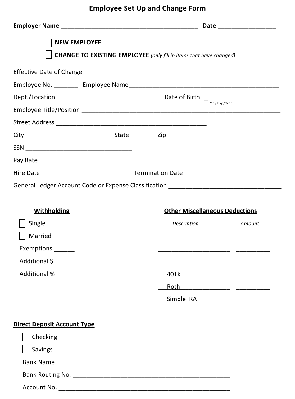 Employee Set Up And Change Form Download Fillable PDF Templateroller