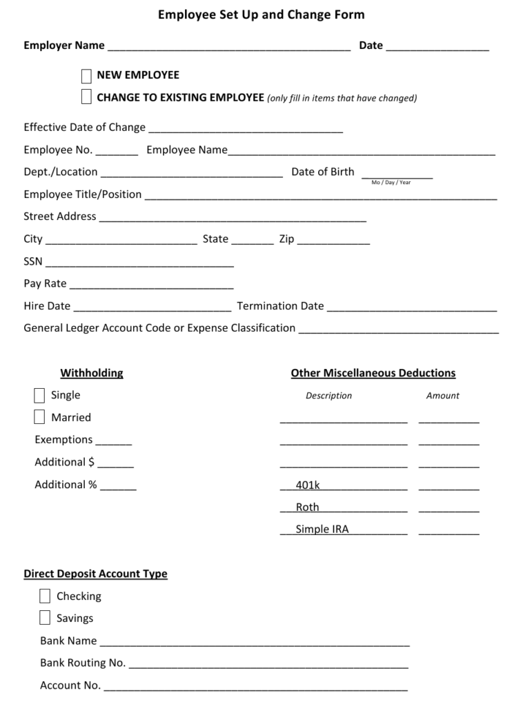 Employee Set Up And Change Form Download Fillable PDF Templateroller