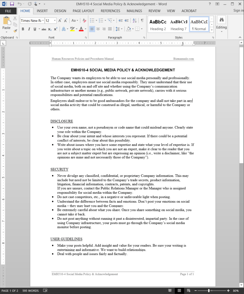 Employee Social Media Policy Acknowledgement Template EMH510 4