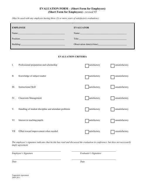 EVALUATION FORM Short Form For Employees NWAllprep