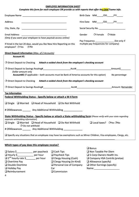 Fillable Employee Information Sheet For Intuit Full Service Payroll