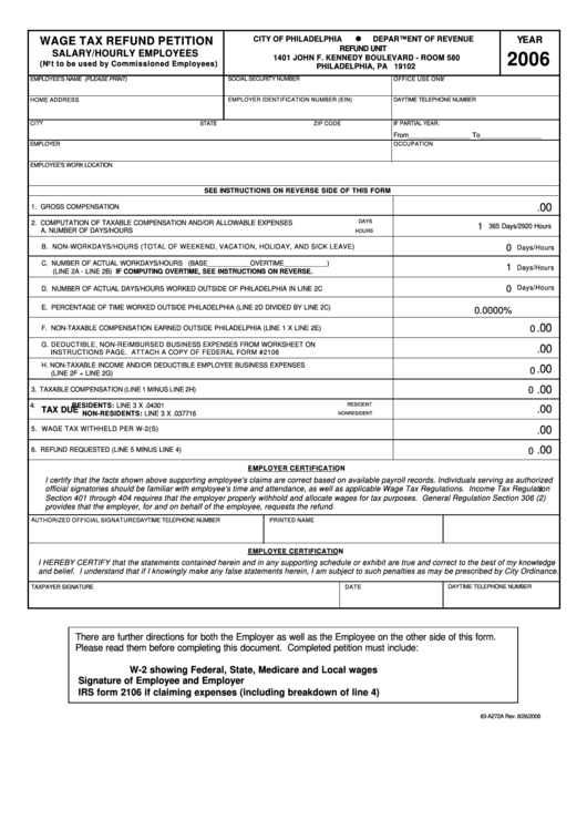 Fillable Form 83 A272a Wage Tax Refund Petition Salary hourly 