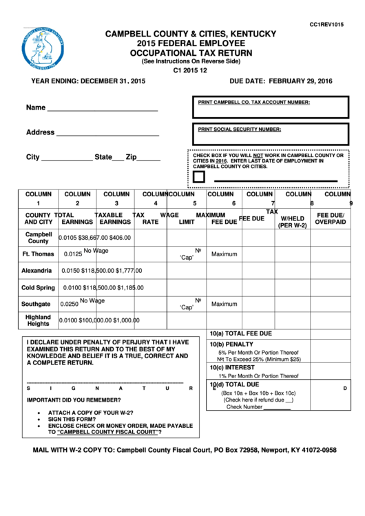 Fillable Form Cc1 Federal Employee Occupational Tax Return 2015 