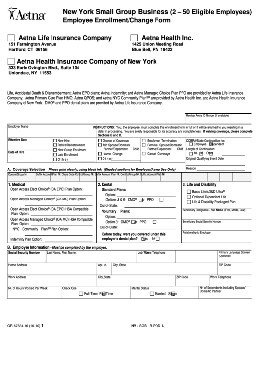 Fillable Form Gr 67834 16 Aetna New York Employee Enrollment Form