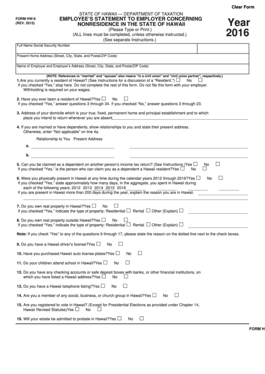 Fillable Form Hw 6 Employee S Statement To Employer Concerning 