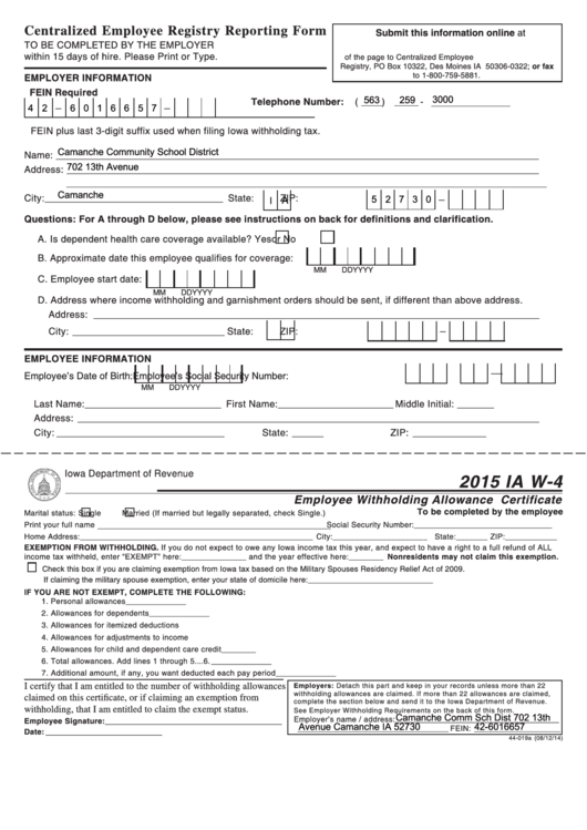 Fillable Form Ia W 4 Employee Withholding Allowance Certificate 