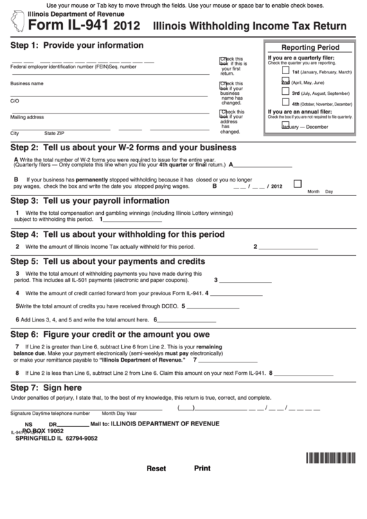 Fillable Form Il 941 Illinois Withholding Income Tax Return 2012