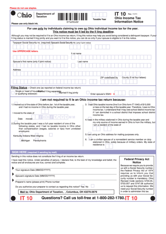 Fillable Form It 10 Ohio Income Tax Information Notice Printable Pdf