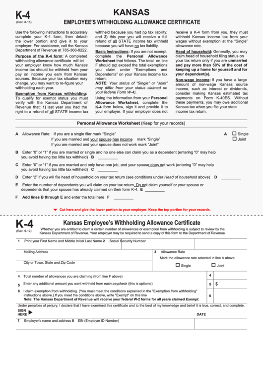 Fillable Form K 4 Kansas Employee S Withholding Allowance Certificate 