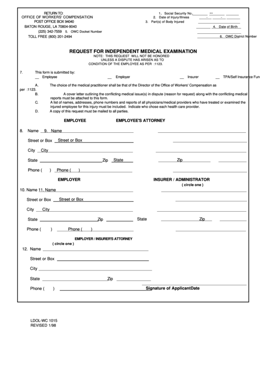 Fillable Form Ldol Wc 1015 Request For Independent Medical 