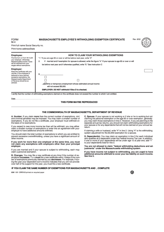 Fillable Form M 4 Massachusetts Employee S Withholding Exemption