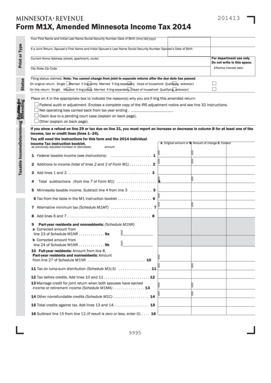 Fillable Form M1x Minnesota Amended Minnesota Income Tax 2014 