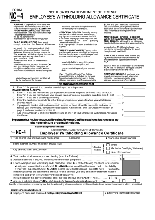 Fillable Form Nc 4 Employee S Withholding Allowance Certificate