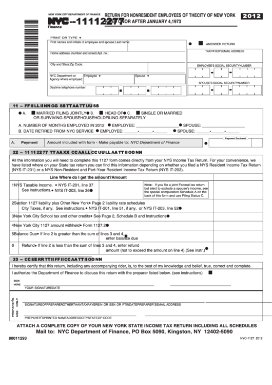 Fillable Form Nyc 1127 Return For Nonresident Employees Of The City 