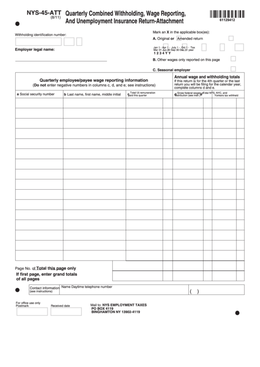 Fillable Form Nys 45 Att Quarterly Combined Withholding Wage