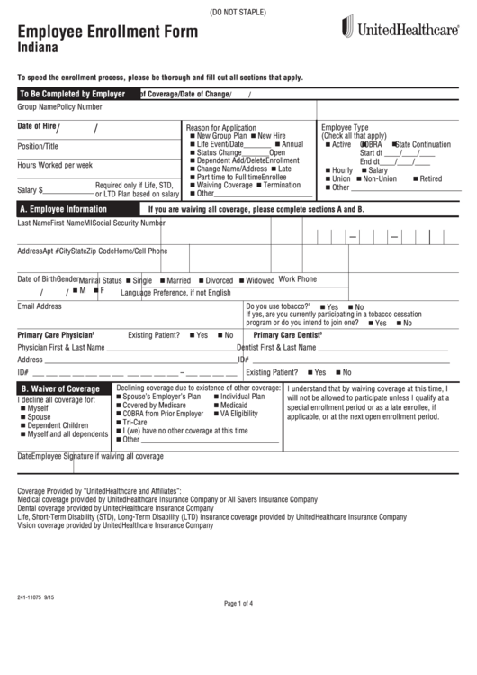 Fillable Form Sg ee 16 in Employee Enrollment Indiana 2015