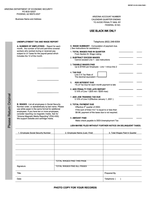 Fillable Form Uc 018 Unemployment Tax And Wage Report Arizona