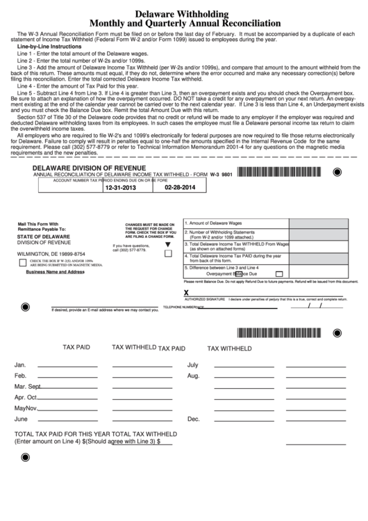 Fillable Form W 3 Delaware Withholding Monthly And Quarterly Annual