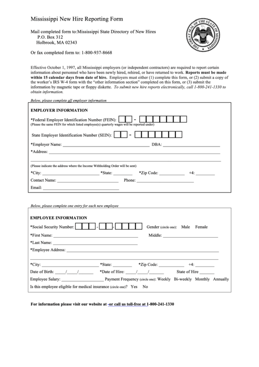 Fillable Mississippi New Hire Reporting Form Printable Pdf Download