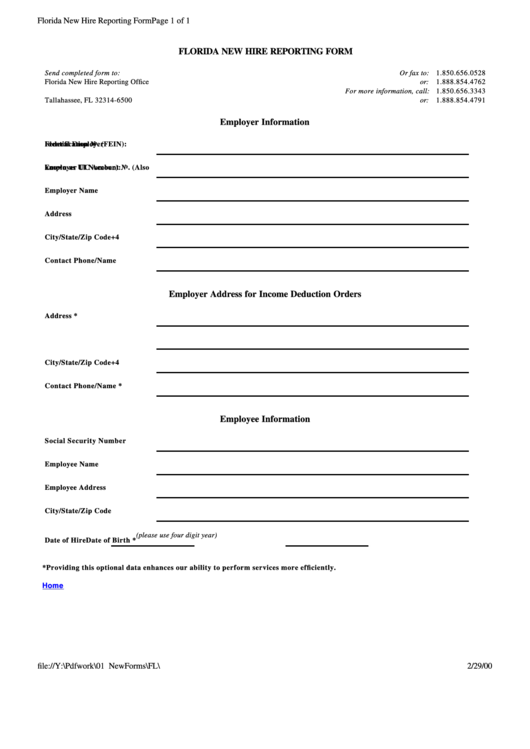 Florida New Hire Reporting Form Printable Pdf Download